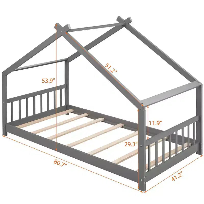 CLIHOME Twin Size House Bed Pine Wood Bed Playhouse Children Bed Frame With Fence
