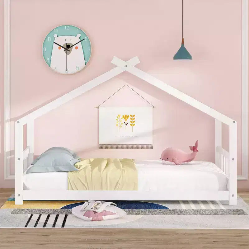 CLIHOME Twin Size House Bed Pine Wood Bed Playhouse Children Bed Frame With Fence
