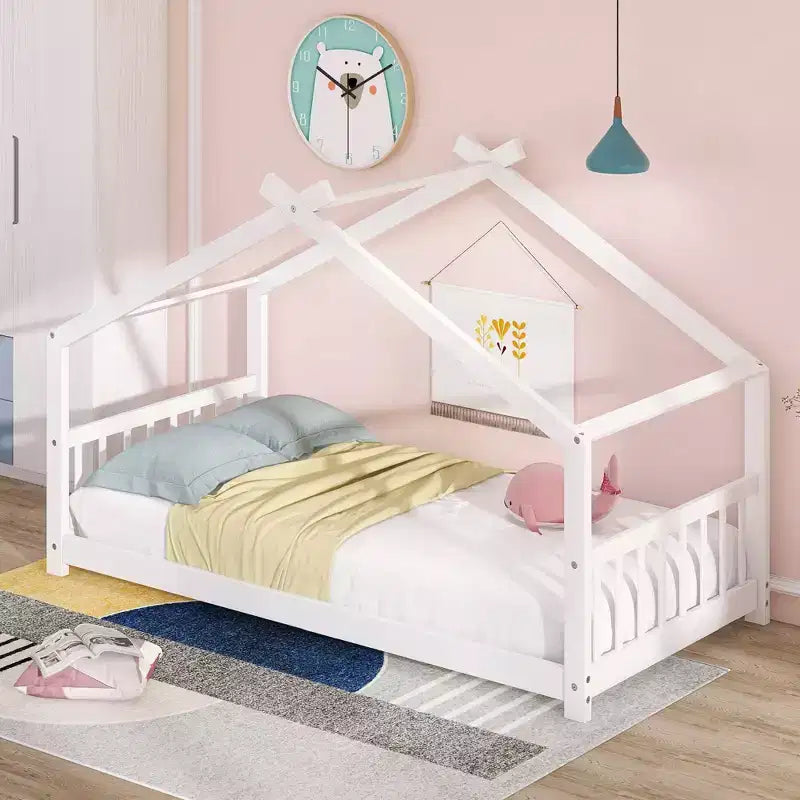 CLIHOME Twin Size House Bed Pine Wood Bed Playhouse Children Bed Frame With Fence