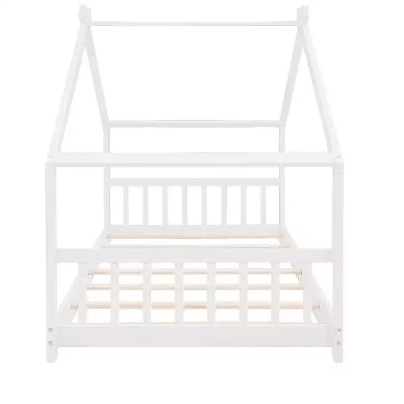 CLIHOME Twin Size House Bed Pine Wood Bed Playhouse Children Bed Frame With Fence