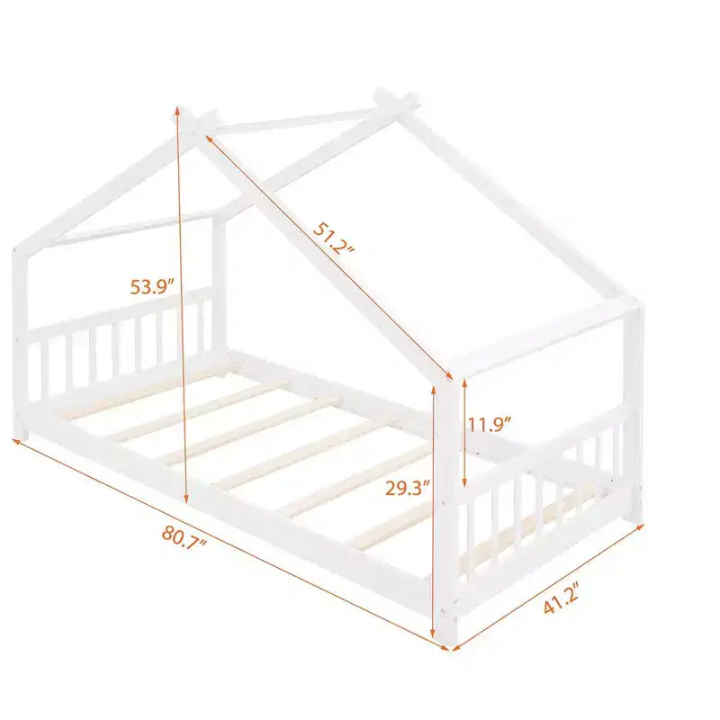 CLIHOME Twin Size House Bed Pine Wood Bed Playhouse Children Bed Frame With Fence
