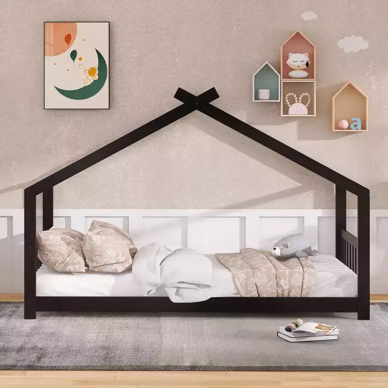 CLIHOME Twin Size House Bed Pine Wood Bed Playhouse Children Bed Frame With Fence