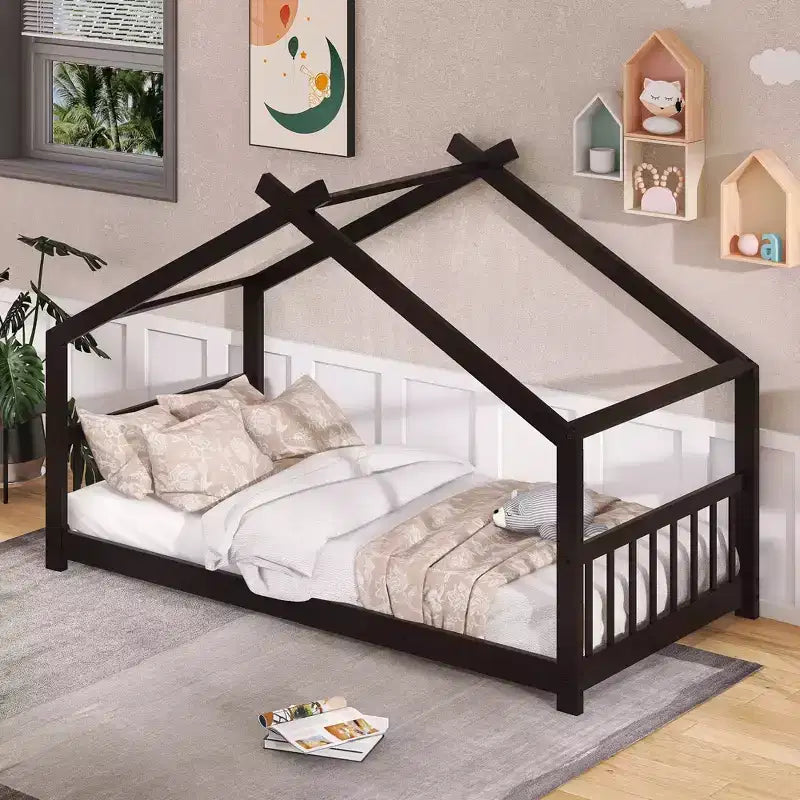 CLIHOME Twin Size House Bed Pine Wood Bed Playhouse Children Bed Frame With Fence