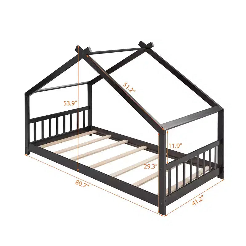 CLIHOME Twin Size House Bed Pine Wood Bed Playhouse Children Bed Frame With Fence