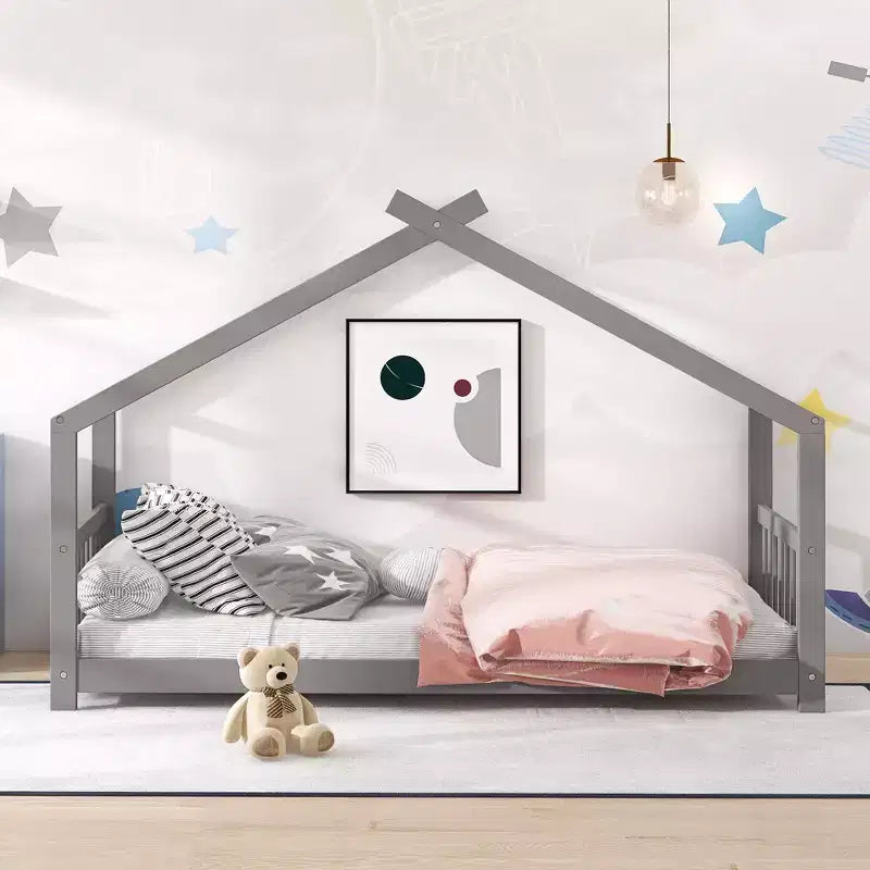CLIHOME Twin Size House Bed Pine Wood Bed Playhouse Children Bed Frame With Fence
