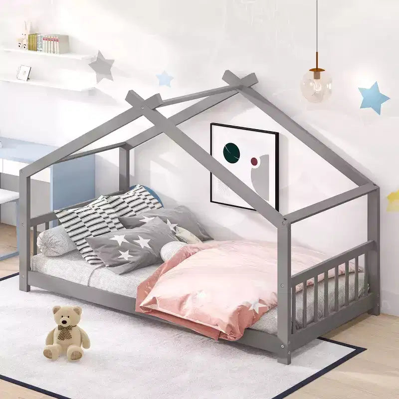 CLIHOME Twin Size House Bed Pine Wood Bed Playhouse Children Bed Frame With Fence