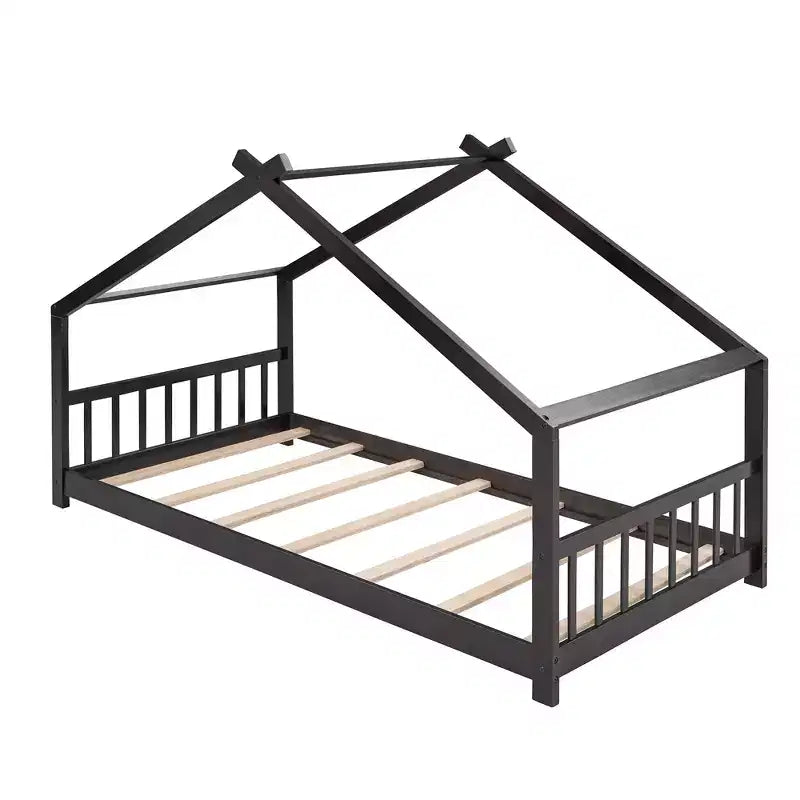 CLIHOME Twin Size House Bed Pine Wood Bed Playhouse Children Bed Frame With Fence