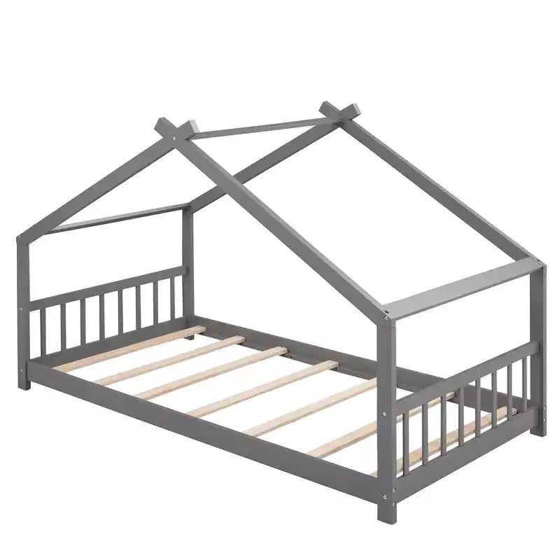 CLIHOME Twin Size House Bed Pine Wood Bed Playhouse Children Bed Frame With Fence