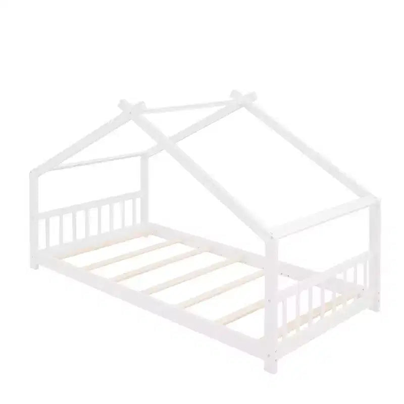 CLIHOME Twin Size House Bed Pine Wood Bed Playhouse Children Bed Frame With Fence