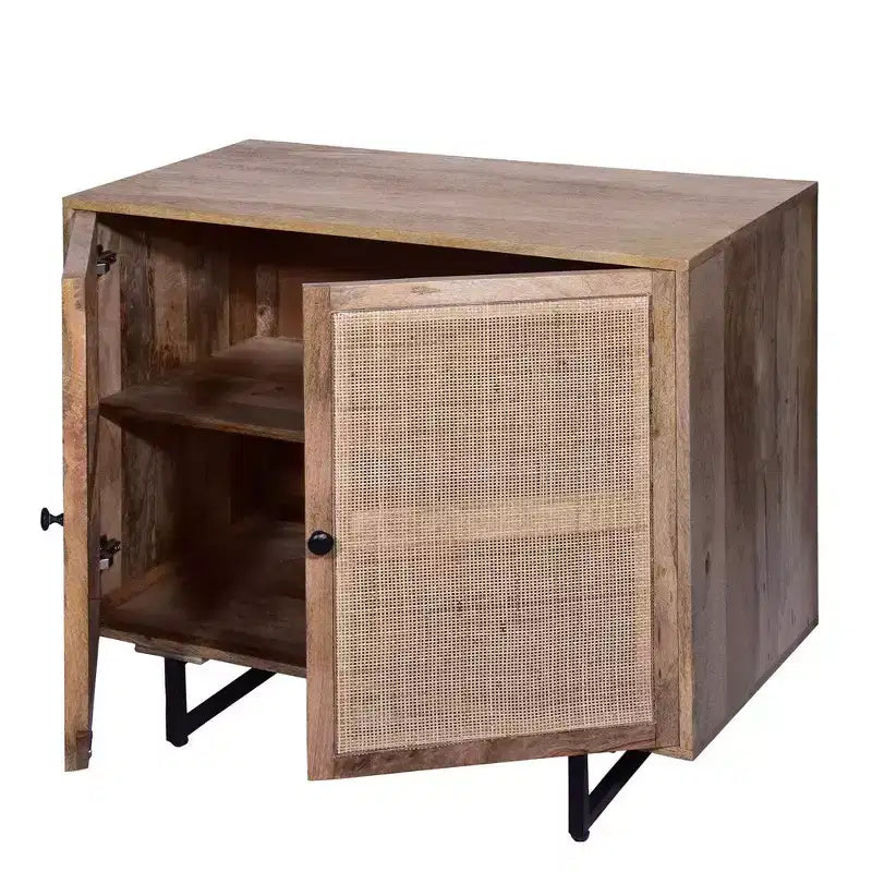 Royal Hampton 35 Inch Handcrafted Accent Cabinet with 2 Mesh Rattan Doors, Black Iron Legs, Mango Wood Frame