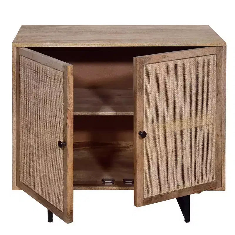 Royal Hampton 35 Inch Handcrafted Accent Cabinet with 2 Mesh Rattan Doors, Black Iron Legs, Mango Wood Frame