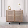 Royal Hampton 35 Inch Handcrafted Accent Cabinet with 2 Mesh Rattan Doors, Black Iron Legs, Mango Wood Frame