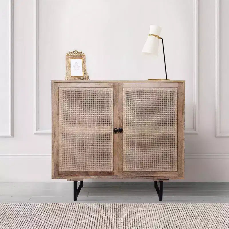 Royal Hampton 35 Inch Handcrafted Accent Cabinet with 2 Mesh Rattan Doors, Black Iron Legs, Mango Wood Frame