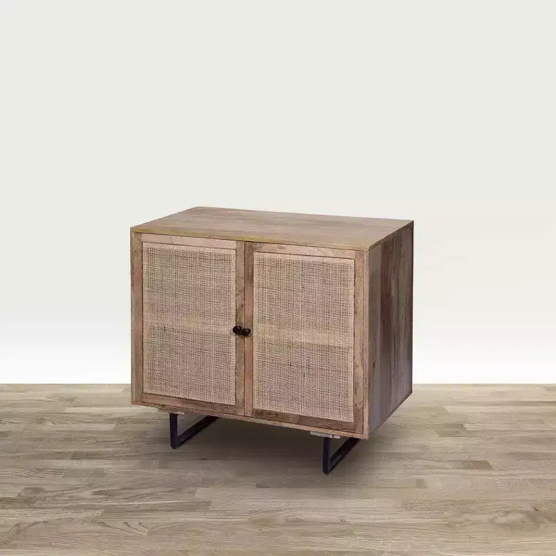 Royal Hampton 35 Inch Handcrafted Accent Cabinet with 2 Mesh Rattan Doors, Black Iron Legs, Mango Wood Frame