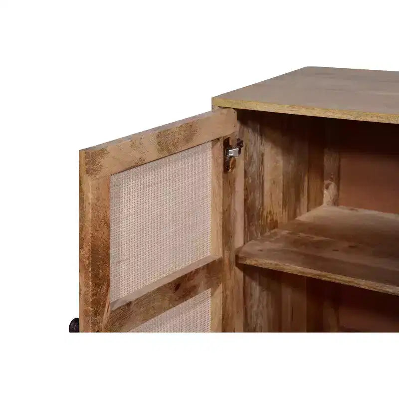 Royal Hampton 35 Inch Handcrafted Accent Cabinet with 2 Mesh Rattan Doors, Black Iron Legs, Mango Wood Frame