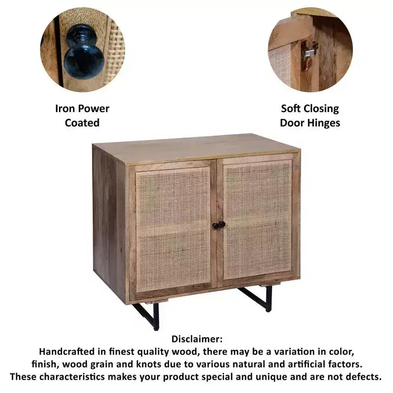 Royal Hampton 35 Inch Handcrafted Accent Cabinet with 2 Mesh Rattan Doors, Black Iron Legs, Mango Wood Frame