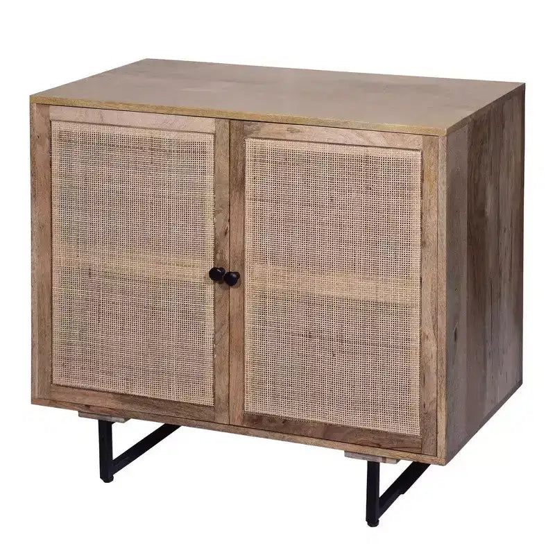 Royal Hampton 35 Inch Handcrafted Accent Cabinet with 2 Mesh Rattan Doors, Black Iron Legs, Mango Wood Frame