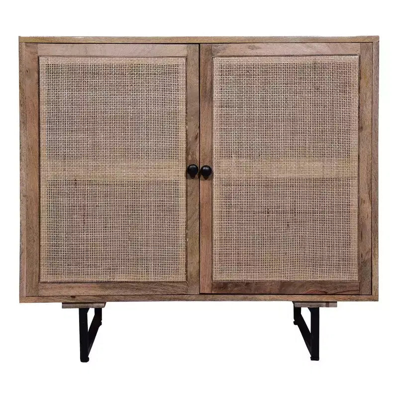 Royal Hampton 35 Inch Handcrafted Accent Cabinet with 2 Mesh Rattan Doors, Black Iron Legs, Mango Wood Frame