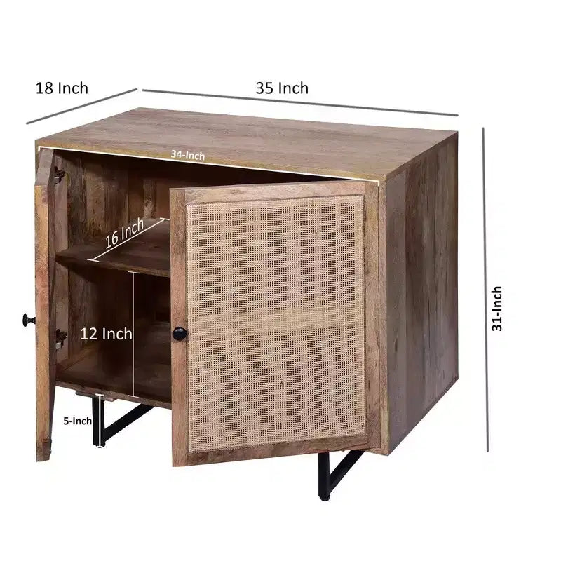 Royal Hampton 35 Inch Handcrafted Accent Cabinet with 2 Mesh Rattan Doors, Black Iron Legs, Mango Wood Frame