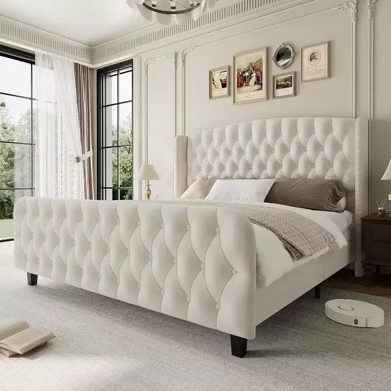 51 Tall Queen/King Size Bed Frame with Deep Button Tufted Wingback Headboard and Footboard, Velvet Upholstered Platform Bed Frame, Easy Assemble