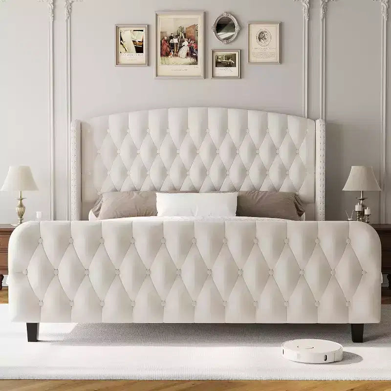 51 Tall Queen/King Size Bed Frame with Deep Button Tufted Wingback Headboard and Footboard, Velvet Upholstered Platform Bed Frame, Easy Assemble
