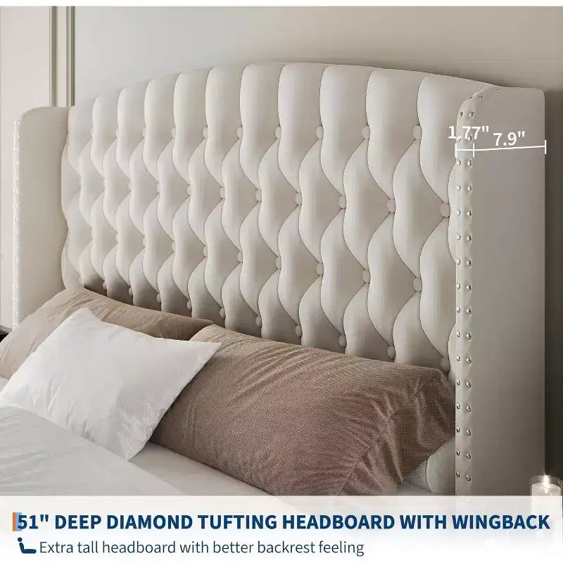 51 Tall Queen/King Size Bed Frame with Deep Button Tufted Wingback Headboard and Footboard, Velvet Upholstered Platform Bed Frame, Easy Assemble