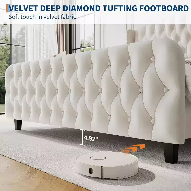 51 Tall Queen/King Size Bed Frame with Deep Button Tufted Wingback Headboard and Footboard, Velvet Upholstered Platform Bed Frame, Easy Assemble