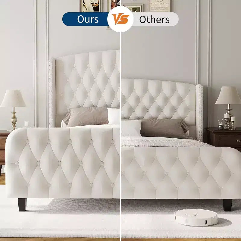51 Tall Queen/King Size Bed Frame with Deep Button Tufted Wingback Headboard and Footboard, Velvet Upholstered Platform Bed Frame, Easy Assemble