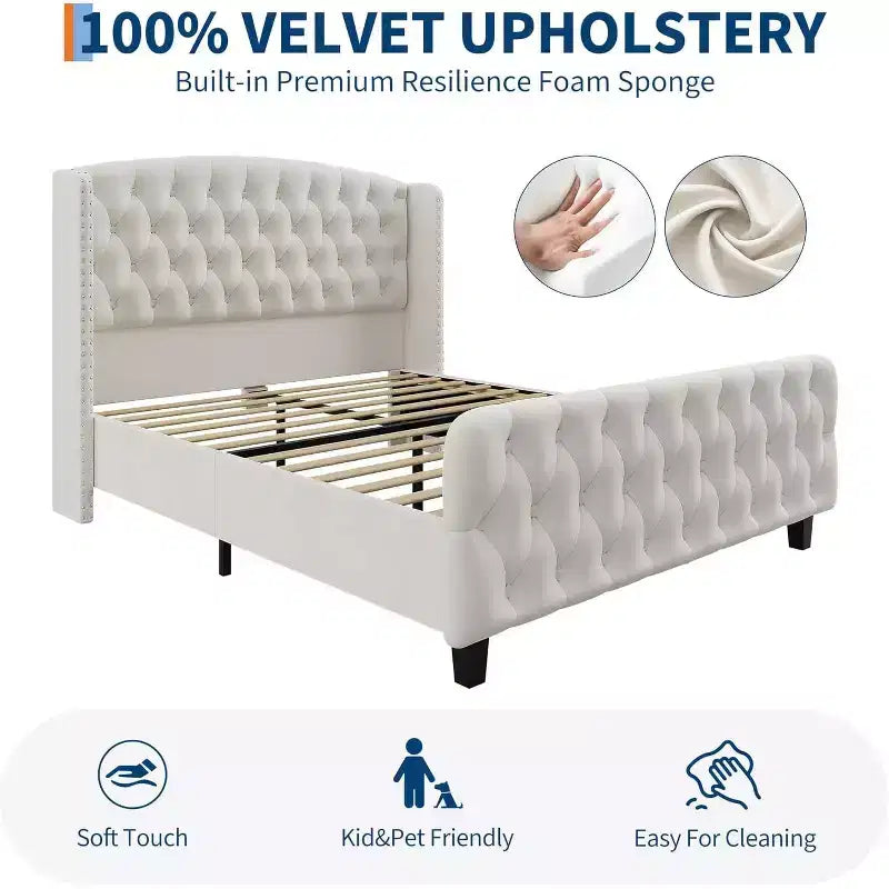 51 Tall Queen/King Size Bed Frame with Deep Button Tufted Wingback Headboard and Footboard, Velvet Upholstered Platform Bed Frame, Easy Assemble