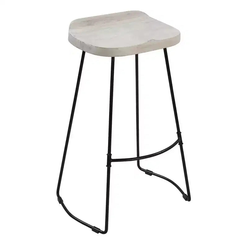 Royal Hampton 30 Inch Handcrafted Backless Barstool with Whitewashed Mango Wood Saddle Seat and Black Metal Base