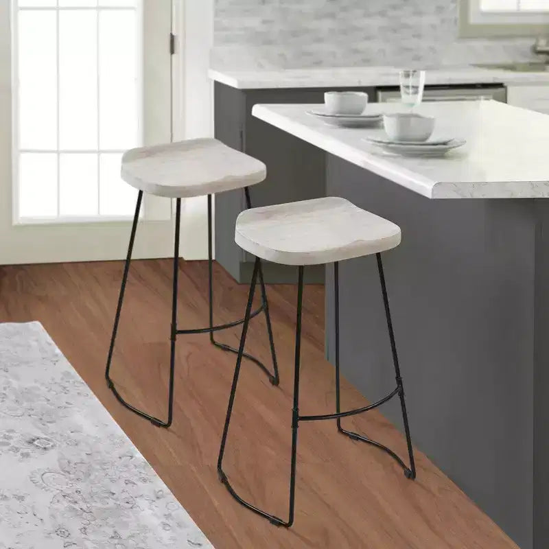 Royal Hampton 30 Inch Handcrafted Backless Barstool with Whitewashed Mango Wood Saddle Seat and Black Metal Base