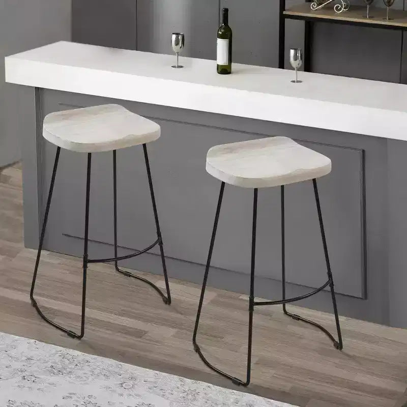 Royal Hampton 30 Inch Handcrafted Backless Barstool with Whitewashed Mango Wood Saddle Seat and Black Metal Base