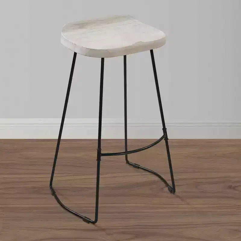 Royal Hampton 30 Inch Handcrafted Backless Barstool with Whitewashed Mango Wood Saddle Seat and Black Metal Base