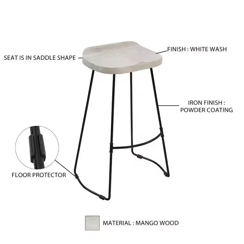 Royal Hampton 30 Inch Handcrafted Backless Barstool with Whitewashed Mango Wood Saddle Seat and Black Metal Base