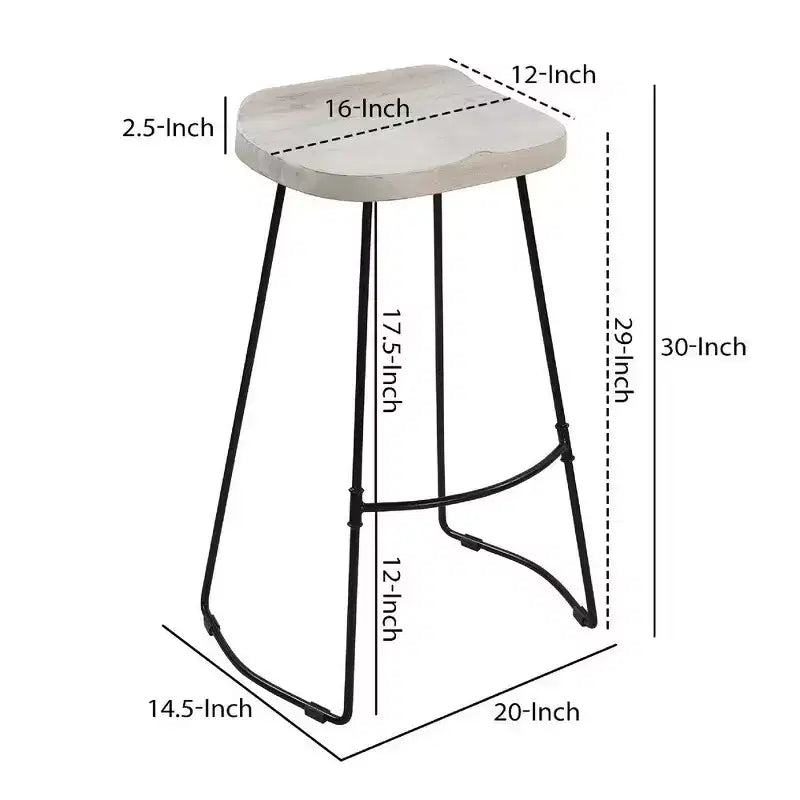 Royal Hampton 30 Inch Handcrafted Backless Barstool with Whitewashed Mango Wood Saddle Seat and Black Metal Base