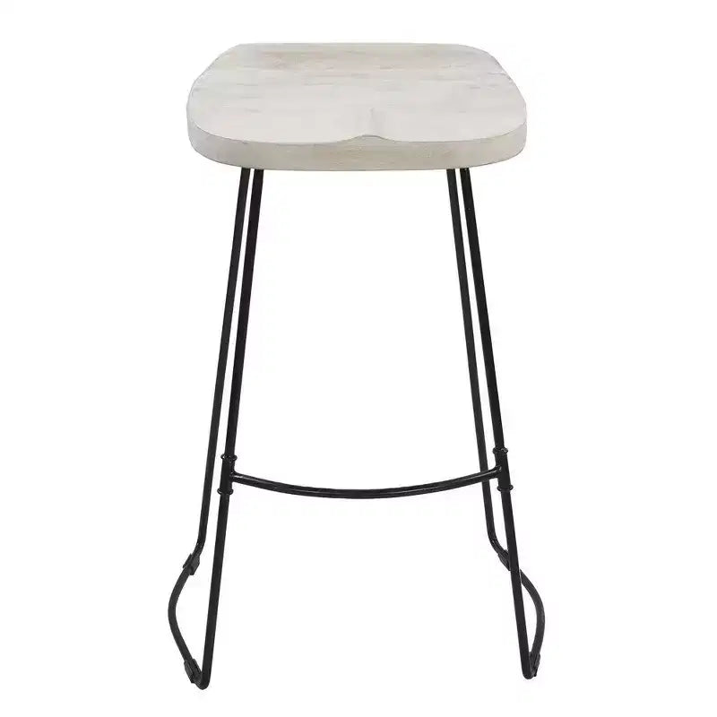 Royal Hampton 30 Inch Handcrafted Backless Barstool with Whitewashed Mango Wood Saddle Seat and Black Metal Base