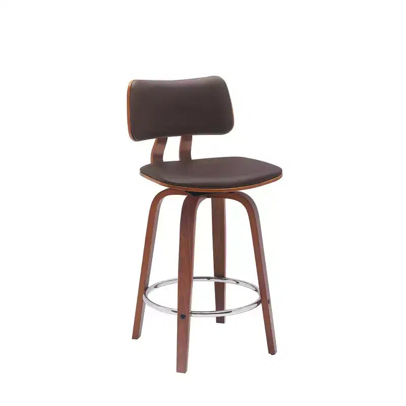 HomeRoots 26 Brown And Wood Brown Faux Leather Swivel Low Back Counter Height Bar Chair