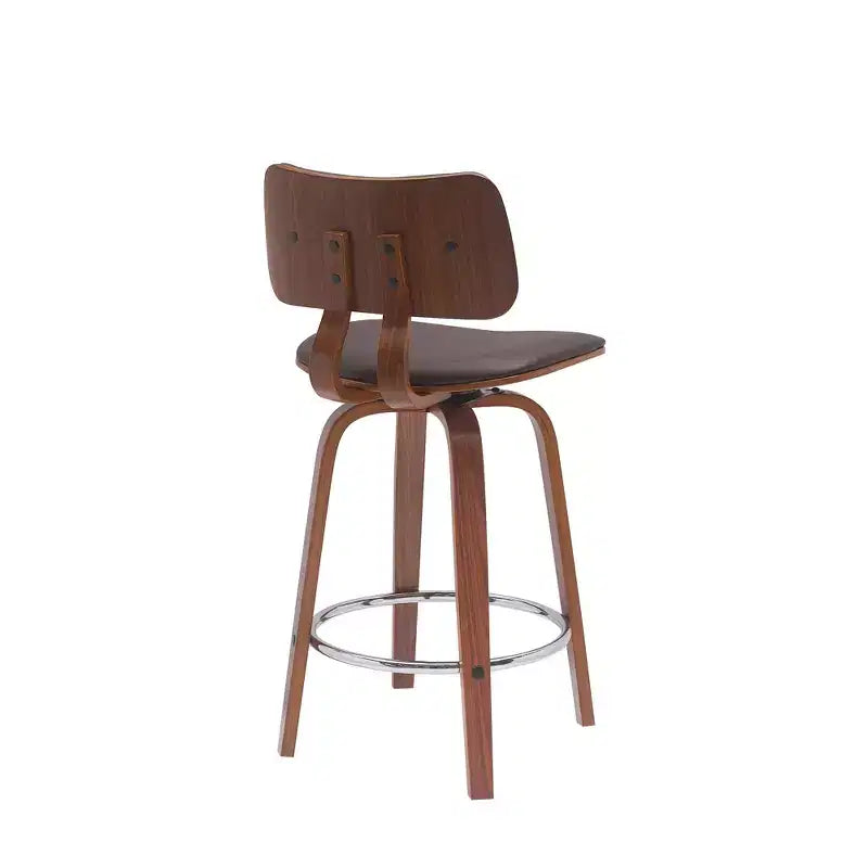HomeRoots 26 Brown And Wood Brown Faux Leather Swivel Low Back Counter Height Bar Chair