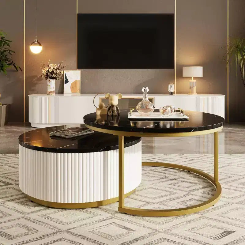Okak Modern Coffee Table Set of 2 Nesting Tables, Round Side Table Fluted for Living Room, Accent Table with Storage Drawer