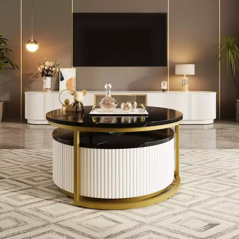 Okak Modern Coffee Table Set of 2 Nesting Tables, Round Side Table Fluted for Living Room, Accent Table with Storage Drawer