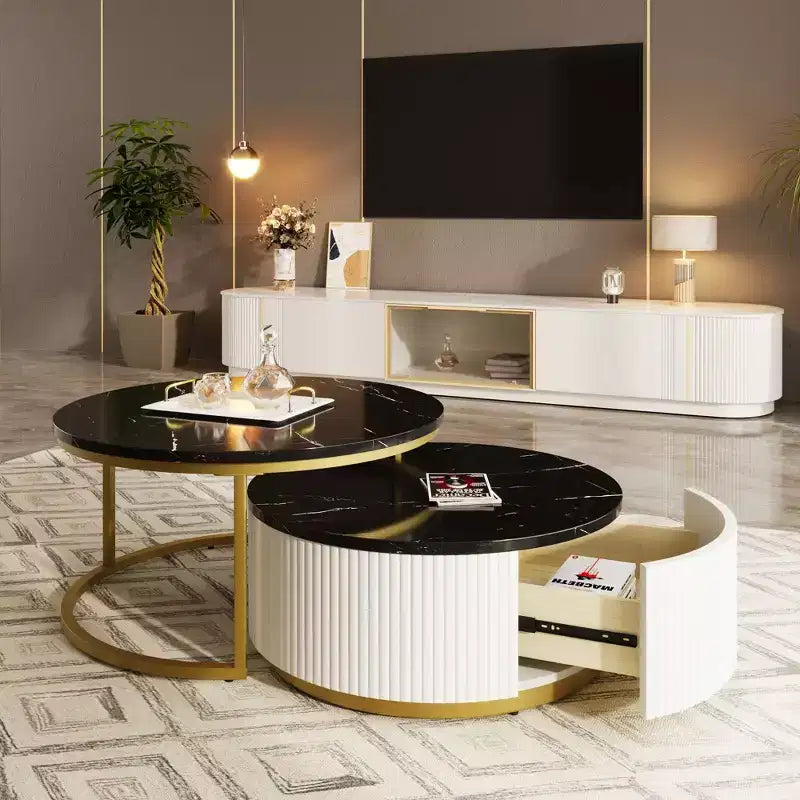 Okak Modern Coffee Table Set of 2 Nesting Tables, Round Side Table Fluted for Living Room, Accent Table with Storage Drawer
