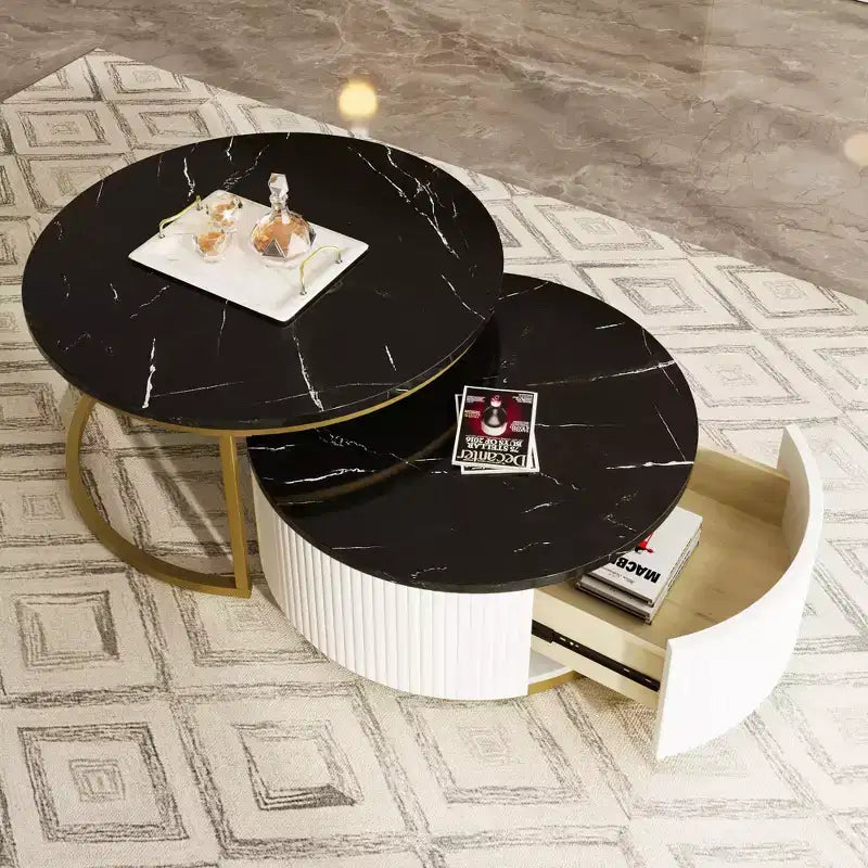 Okak Modern Coffee Table Set of 2 Nesting Tables, Round Side Table Fluted for Living Room, Accent Table with Storage Drawer