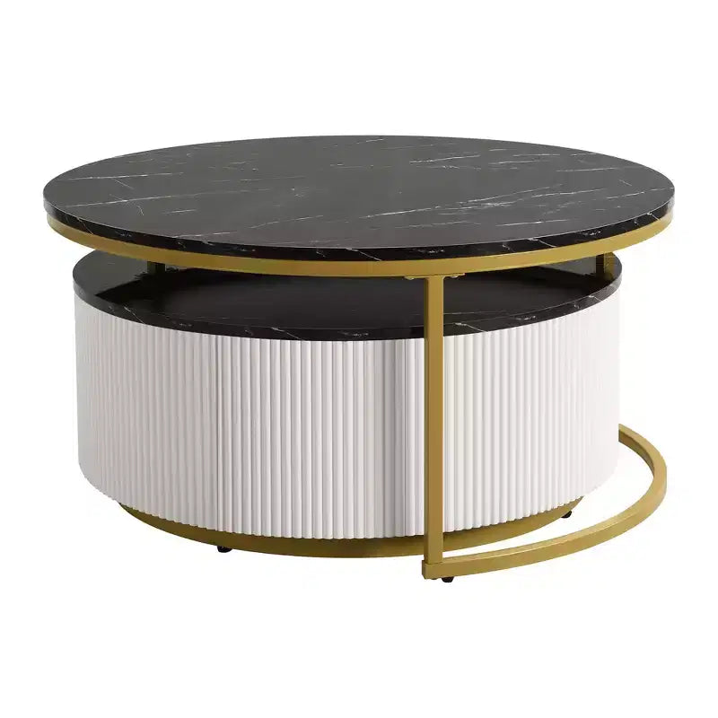 Okak Modern Coffee Table Set of 2 Nesting Tables, Round Side Table Fluted for Living Room, Accent Table with Storage Drawer