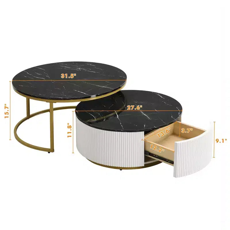 Okak Modern Coffee Table Set of 2 Nesting Tables, Round Side Table Fluted for Living Room, Accent Table with Storage Drawer