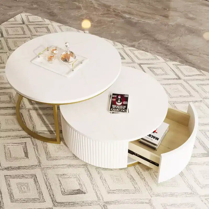 Okak Modern Coffee Table Set of 2 Nesting Tables, Round Side Table Fluted for Living Room, Accent Table with Storage Drawer