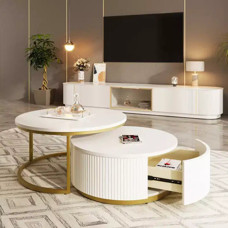 Okak Modern Coffee Table Set of 2 Nesting Tables, Round Side Table Fluted for Living Room, Accent Table with Storage Drawer