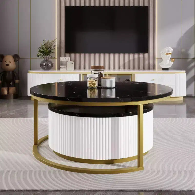 Okak Modern Coffee Table Set of 2 Nesting Tables, Round Side Table Fluted for Living Room, Accent Table with Storage Drawer