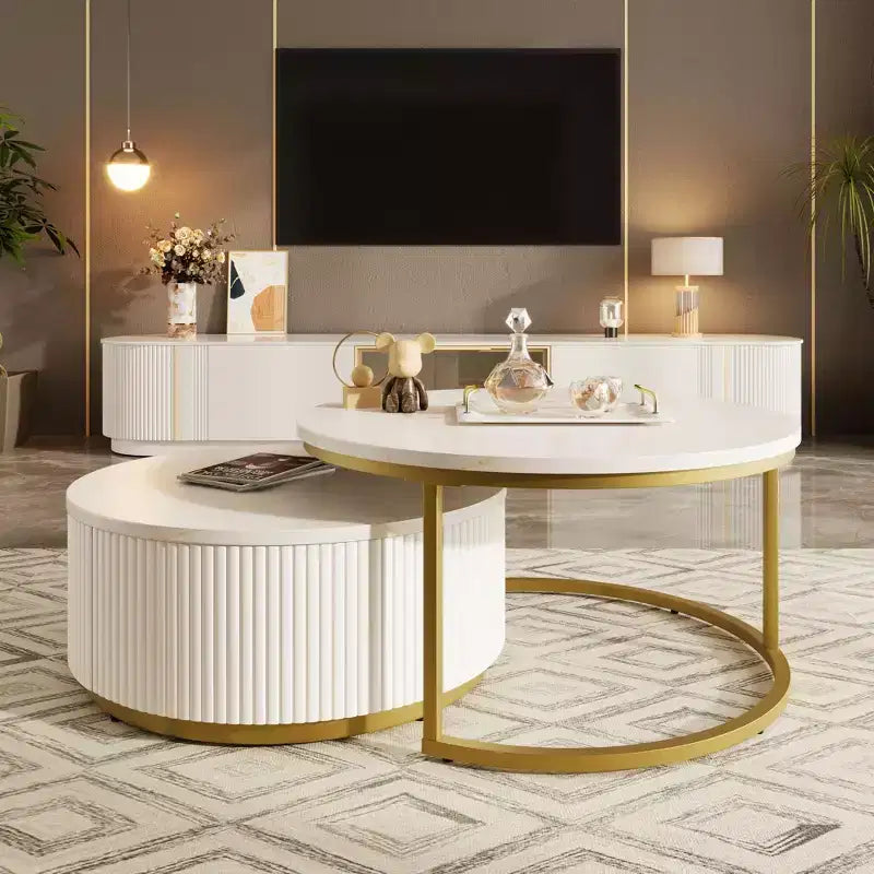 Okak Modern Coffee Table Set of 2 Nesting Tables, Round Side Table Fluted for Living Room, Accent Table with Storage Drawer