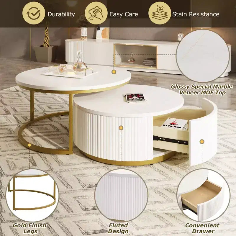 Okak Modern Coffee Table Set of 2 Nesting Tables, Round Side Table Fluted for Living Room, Accent Table with Storage Drawer