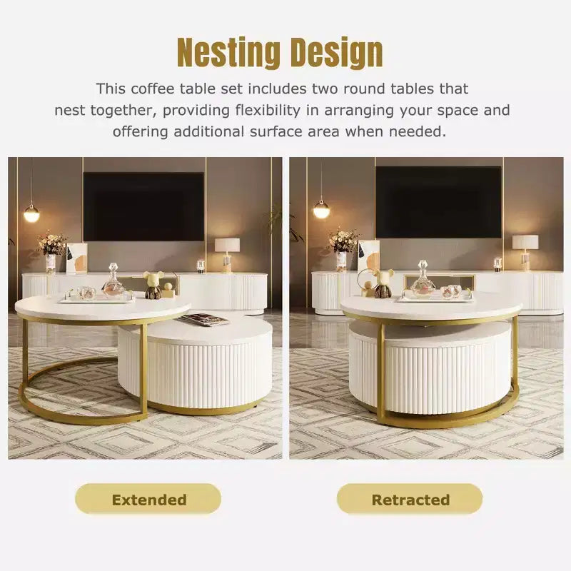 Okak Modern Coffee Table Set of 2 Nesting Tables, Round Side Table Fluted for Living Room, Accent Table with Storage Drawer